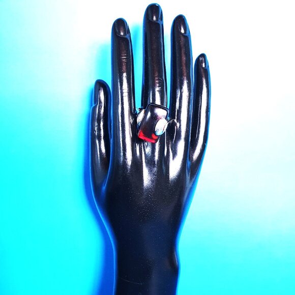 Fancy Vintage Cherry Red Baltic Amber Sterling Silver Modernist Statement Ring - Picture 11 of 16